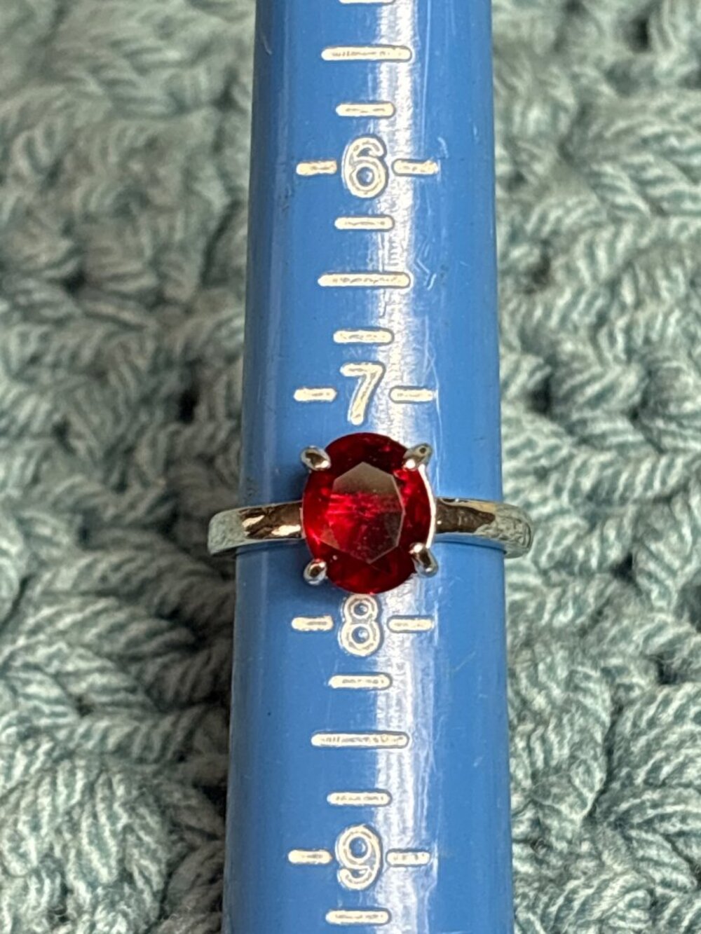 Red Rhinestone Silvertone Ring Size 7.5